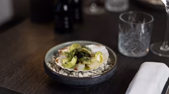 En gourmetrett sitter i en mørk bolle på et restaurantbord. Retten har grønt og urter på toppen av kamskjell på en seng av småstein. I nærheten finner du en brettet hvit serviett, et tomt glass, en pepperkvern og et mykt glødende stearinlys.